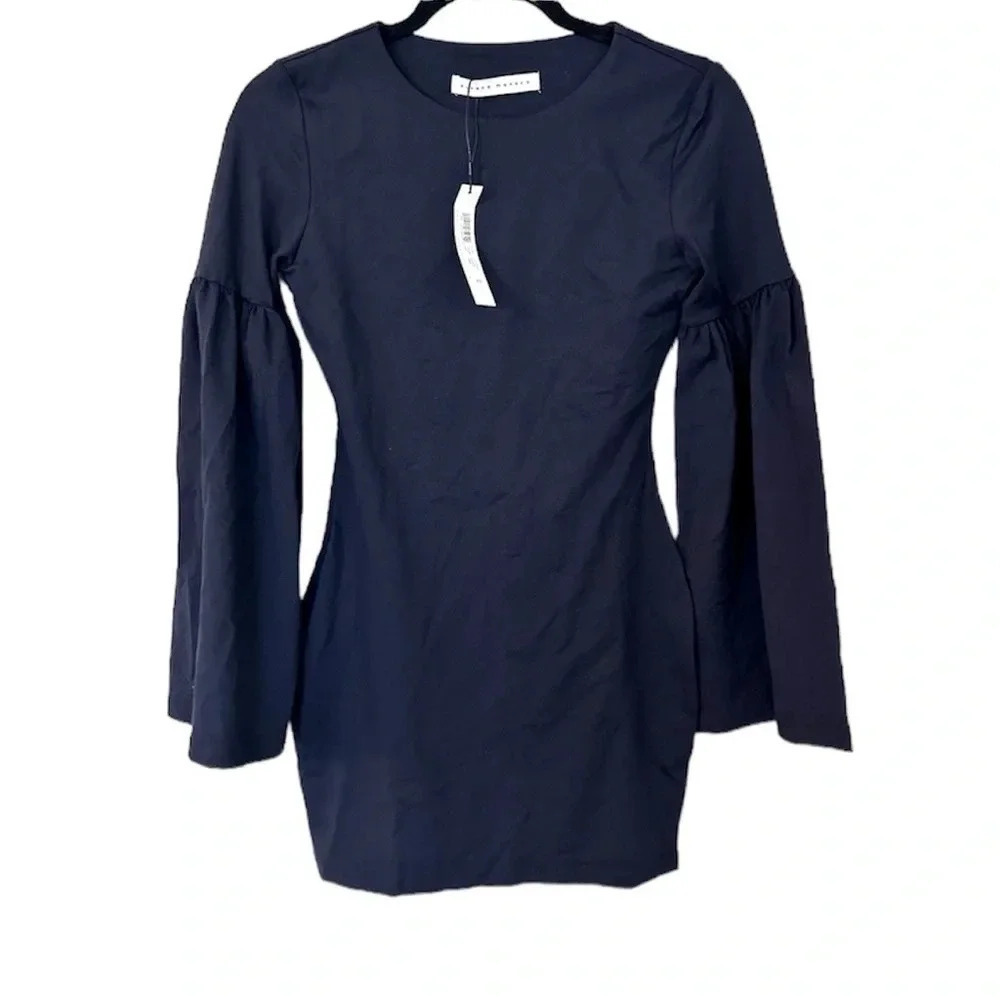 Susana Monaco Bell Sleeve Mini Dress in Midnight Blue with Crew Neck Size XS NWT